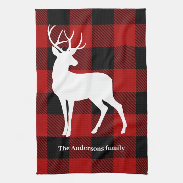 Red Buffalo Plaid & Deer | Personal Name Gift Tea Towel (Vertical)