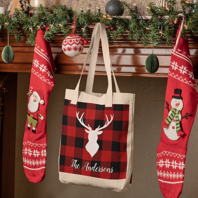 Red Buffalo Plaid & Deer | Personal Name Gift Tote Bag (Creator Uploaded)