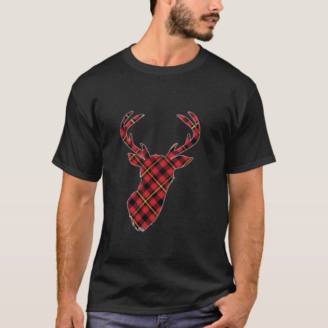 Red Buffalo Plaid Deer Reindeer Head Christmas Hun T-Shirt (Front)