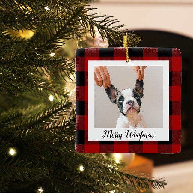Red Buffalo Plaid Dog Photo | Dog Quote Ceramic Ornament (Creator Uploaded)