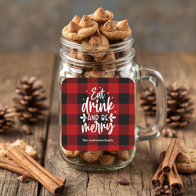 Red Buffalo Plaid “Eat, Drink & Be Merry Square Sticker (Creator Uploaded)