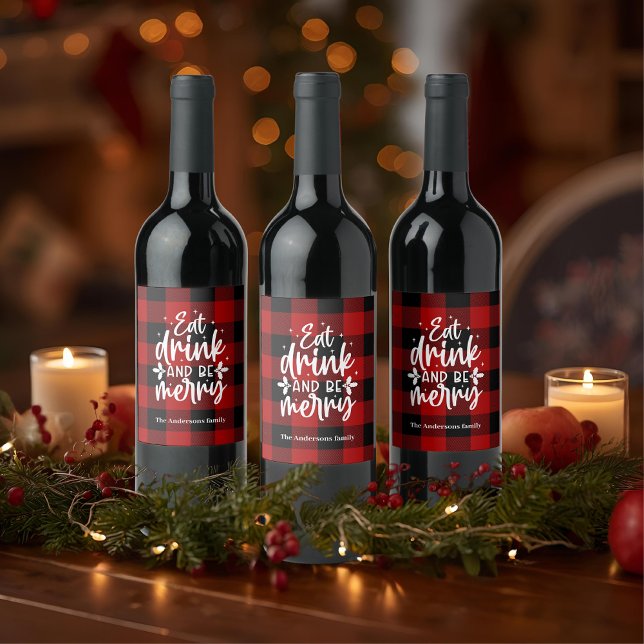 Red Buffalo Plaid “Eat, Drink & Be Merry”  Wine Label (Creator Uploaded)