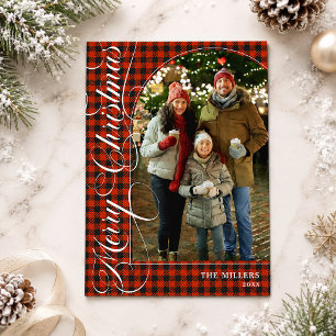 Red Buffalo Plaid Elegant Script Merry Christmas Holiday Card