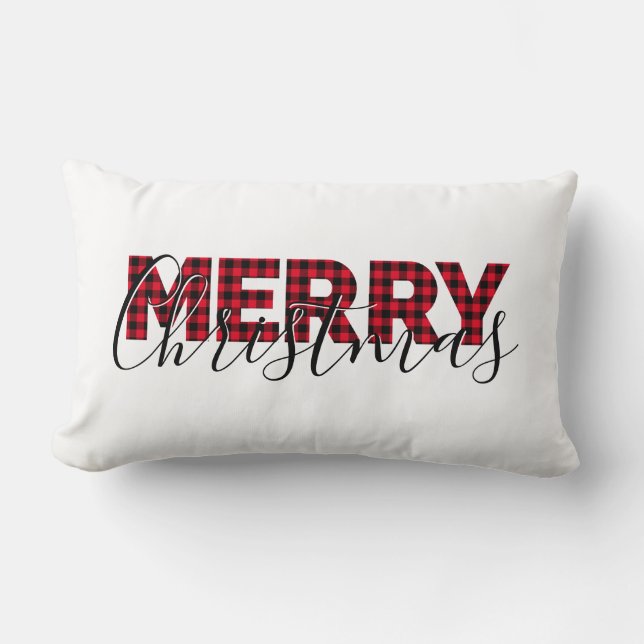 Red Buffalo Plaid Elegant Script Merry Christmas Lumbar Cushion (Front)