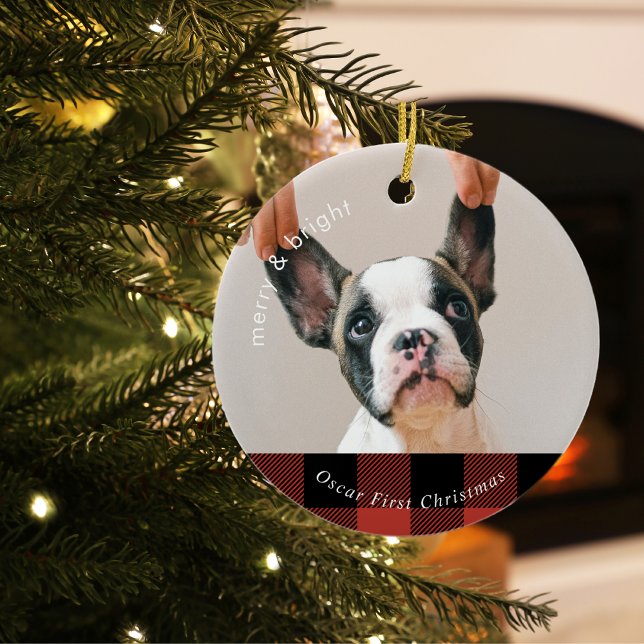 Red Buffalo Plaid Family Dog | Dog First Christmas Ceramic Tree Decoration (Creator Uploaded)