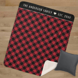Red Buffalo Plaid Family Name Monogram Sherpa Blanket