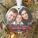 Red Buffalo Plaid Family Our First Christmas Ornament<br><div class="desc">Elegant Script,  Red Buffalo Plaid Our First Christmas Family Photo Ornament</div>