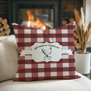 Red Buffalo Plaid Farm Chicken Throw Pillow