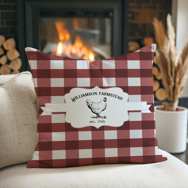 Red Buffalo Plaid Farm Chicken Throw Pillow (Red Buffalo Plaid Farm Chicken Throw Pillow)