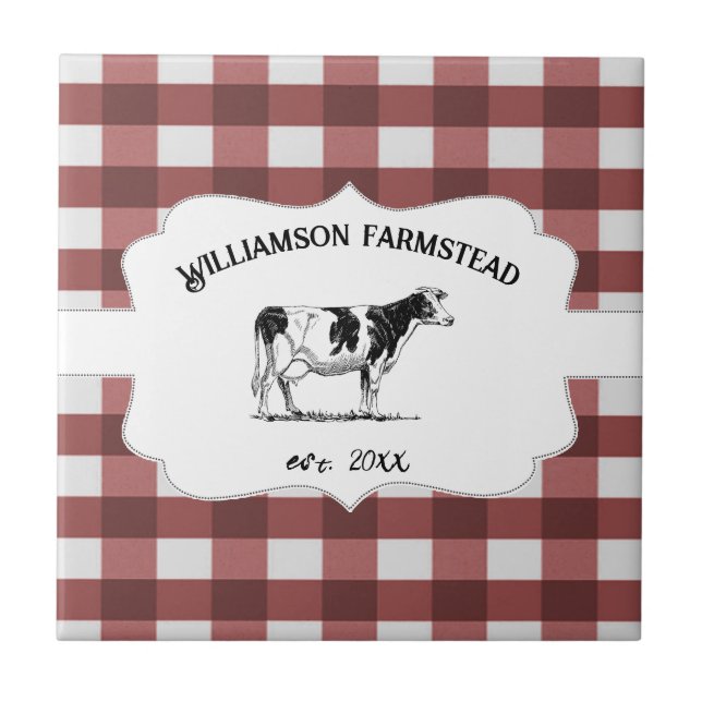 Red Buffalo Plaid Farm Cow Decorative Tile (Front)