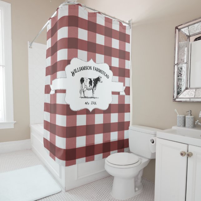 Red Buffalo Plaid Farm Cow Shower Curtain (In Situ)