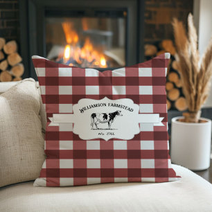 Red Buffalo Plaid Farm Cow Throw Pillow