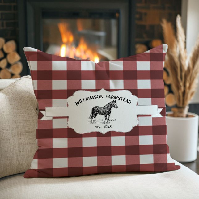 Red Buffalo Plaid Farm Horse Cushion (Red Buffalo Plaid Farm Horse Throw Pillow)