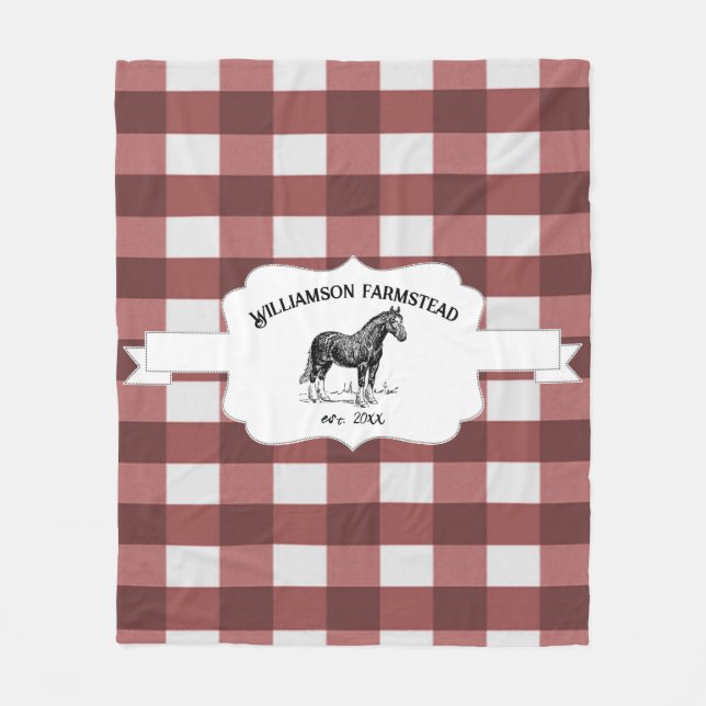 Red Buffalo Plaid Farm Horse Fleece Blanket (Front)