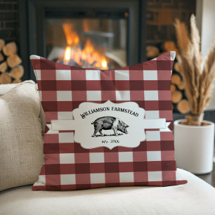 Red Buffalo Plaid Farm Pig Throw Pillow