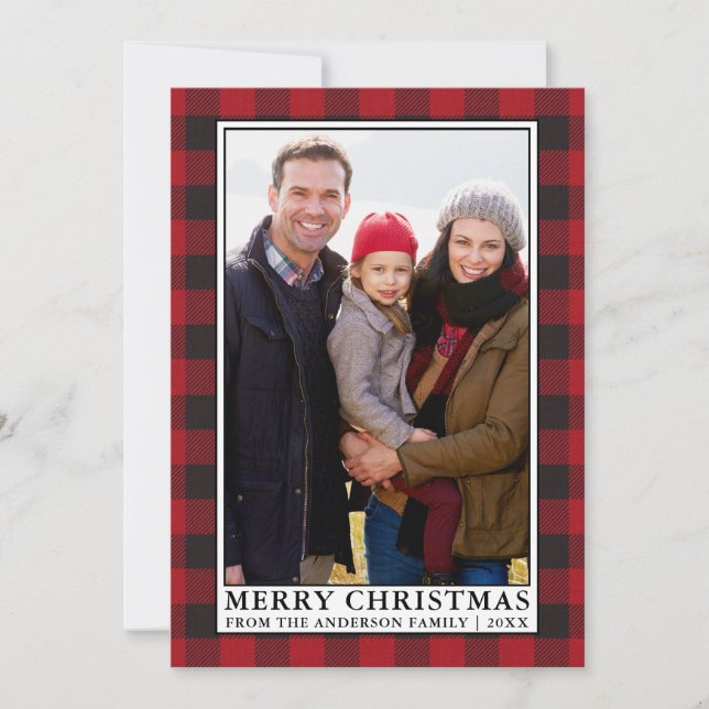 Red Buffalo Plaid Framed Family Photo Christmas Holiday Card (Front)