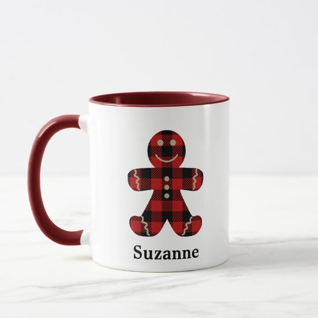 Red Buffalo Plaid Gingerbread Man Monogram Coffee Mug (Left)