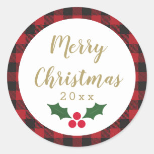 Red Buffalo Plaid Gold Merry Christmas 2021 Classic Round Sticker