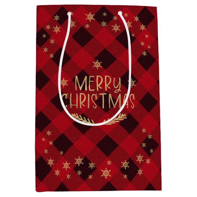 Red Buffalo Plaid Gold Snowflakes Merry Christmas Medium Gift Bag (Front)