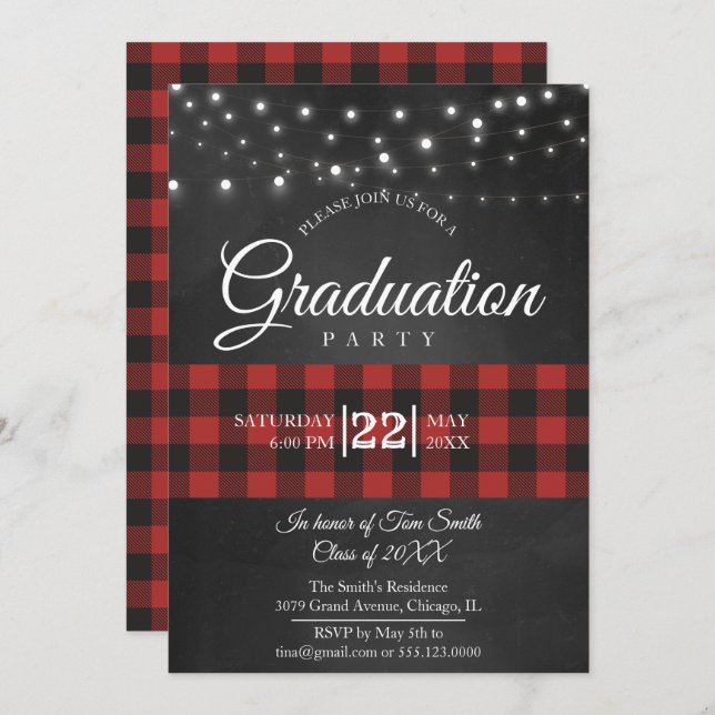 Red Buffalo Plaid Graduation Party Invitation (Front/Back)