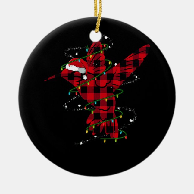 Red Buffalo Plaid Hummingbird Santa Hat Christmas  Ceramic Tree Decoration (Front)