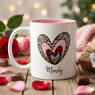 Red Buffalo Plaid Leopard Print Heart Valentines Two-Tone Coffee Mug