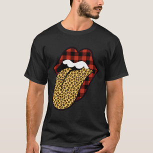 Red Buffalo Plaid Lips With Leopard Print Tongue T-Shirt