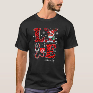 Red Buffalo Plaid Love Stethoscope Reindeer Nurse T-Shirt