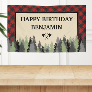 Red Buffalo Plaid Lumberjack Birthday Party Banner