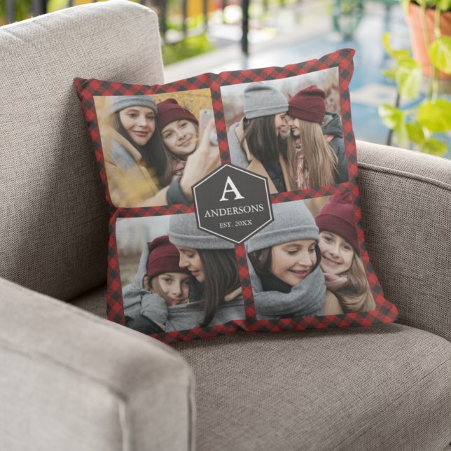 Red Buffalo Plaid Lumberjack Family Photo Collage Cushion (Creator Uploaded)
