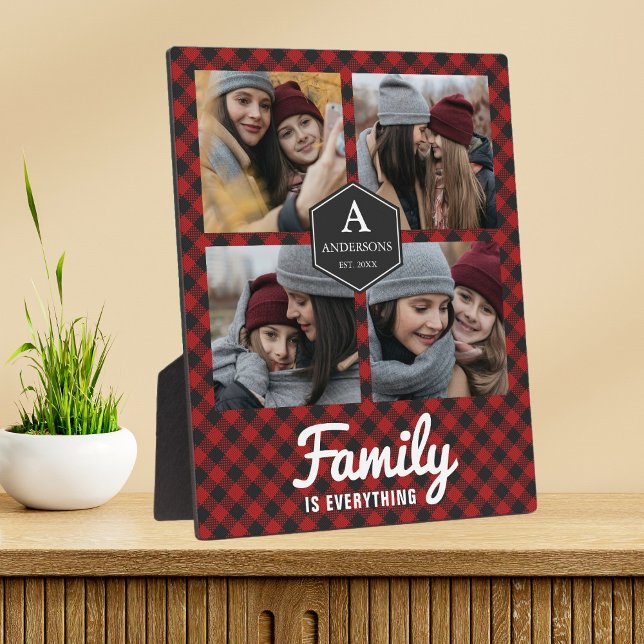 Red Buffalo Plaid Lumberjack Family Photo Collage Plaque (Creator Uploaded)