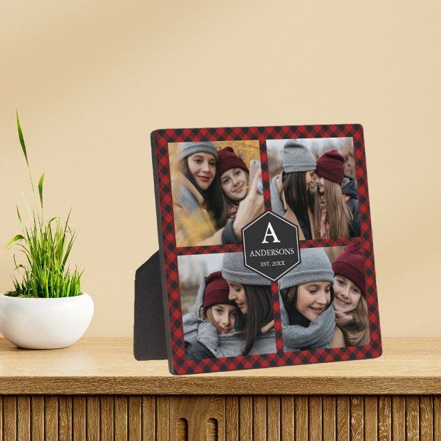 Red Buffalo Plaid Lumberjack Family Photo Collage Plaque (Creator Uploaded)