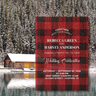 Red Buffalo plaid lumberjack winter cabin wedding Vellum Invitations