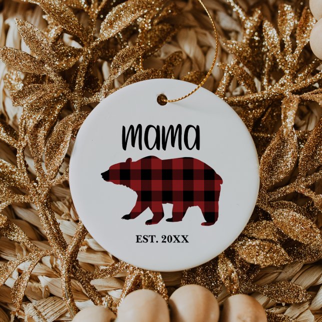 Red Buffalo Plaid Mama Bear Holiday Gift Ceramic Tree Decoration (Creator Uploaded)