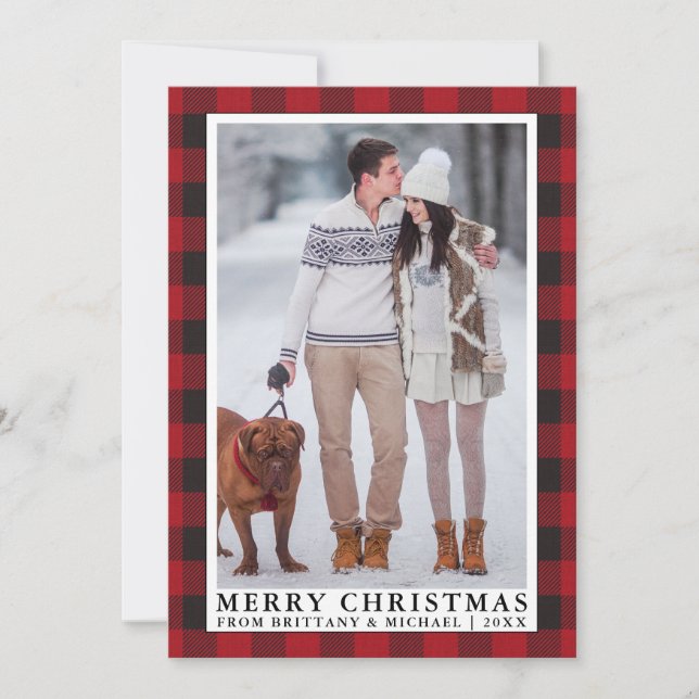Red Buffalo Plaid Merry Christmas Couple Photo Holiday Card (Front)