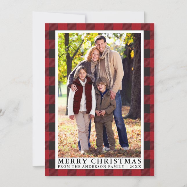 Red Buffalo Plaid Merry Christmas Family Photo Holiday Card (Front)