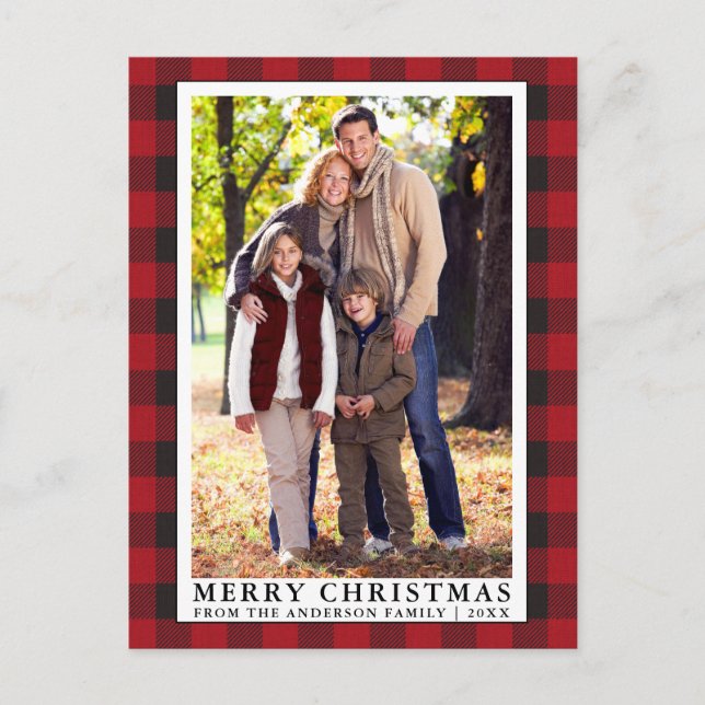 Red Buffalo Plaid Merry Christmas Family Photo Postcard (Front)