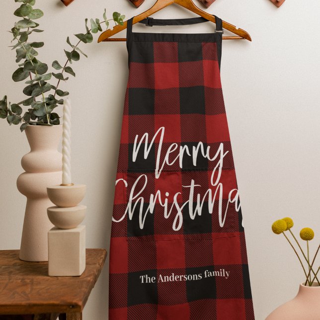 Red Buffalo Plaid & Merry Christmas |Personal Name Apron (Creator Uploaded)