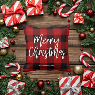 Red Buffalo Plaid & Merry Christmas Personal Name Cushion
