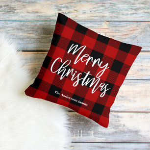 Red Buffalo Plaid & Merry Christmas  Personal Name Cushion