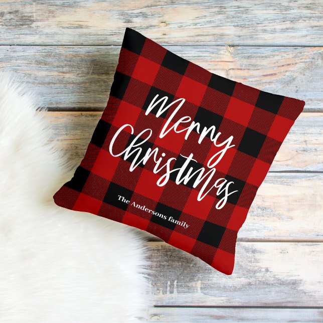 Red Buffalo Plaid & Merry Christmas |Personal Name Cushion (Creator Uploaded)