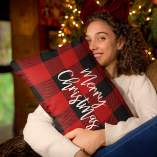 Red Buffalo Plaid & Merry Christmas  Personal Name Lumbar Cushion