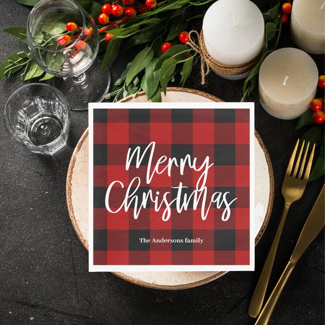Red Buffalo Plaid & Merry Christmas|Personal Name Napkin (Creator Uploaded)