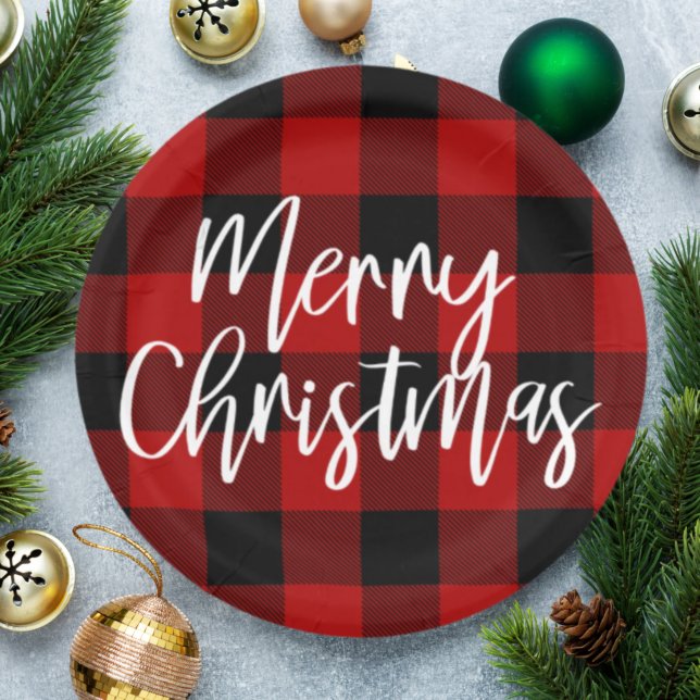 Red Buffalo Plaid & Merry Christmas |Personal Name Paper Plate (Creator Uploaded)
