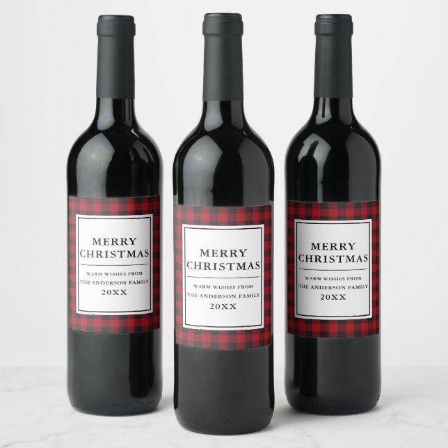 Red Buffalo Plaid Merry Christmas Wine Label (Bottles)