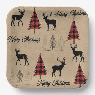 Red Buffalo Plaid & Merry Christmas Woodlands Paper Plate