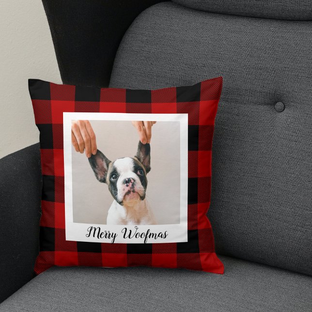 Red Buffalo Plaid & Merry Woofmas With Dog Photo Cushion (Creator Uploaded)