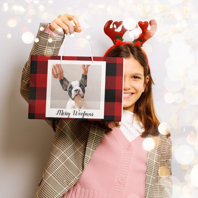 Red Buffalo Plaid & Merry Woofmas With Dog Photo Large Gift Bag (Creator Uploaded)