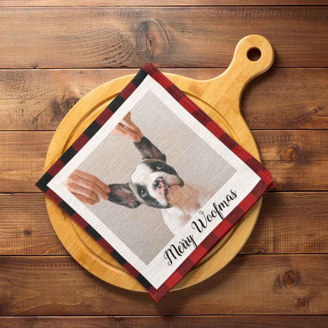 Red Buffalo Plaid & Merry Woofmas With Dog Photo Tea Towel (Creator Uploaded)