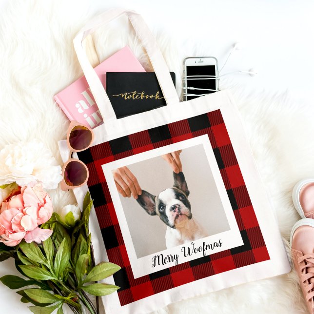 Red Buffalo Plaid & Merry Woofmas With Dog Photo Tote Bag (Creator Uploaded)